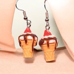 Charming Ice Cream Cone Earrings - Tan and Red